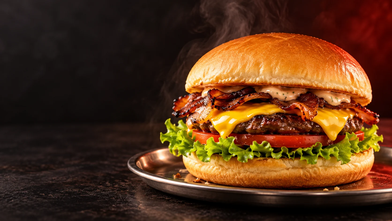 Imagem ilustrativa de um hambúrguer com carne, queijo, bacon e salada.